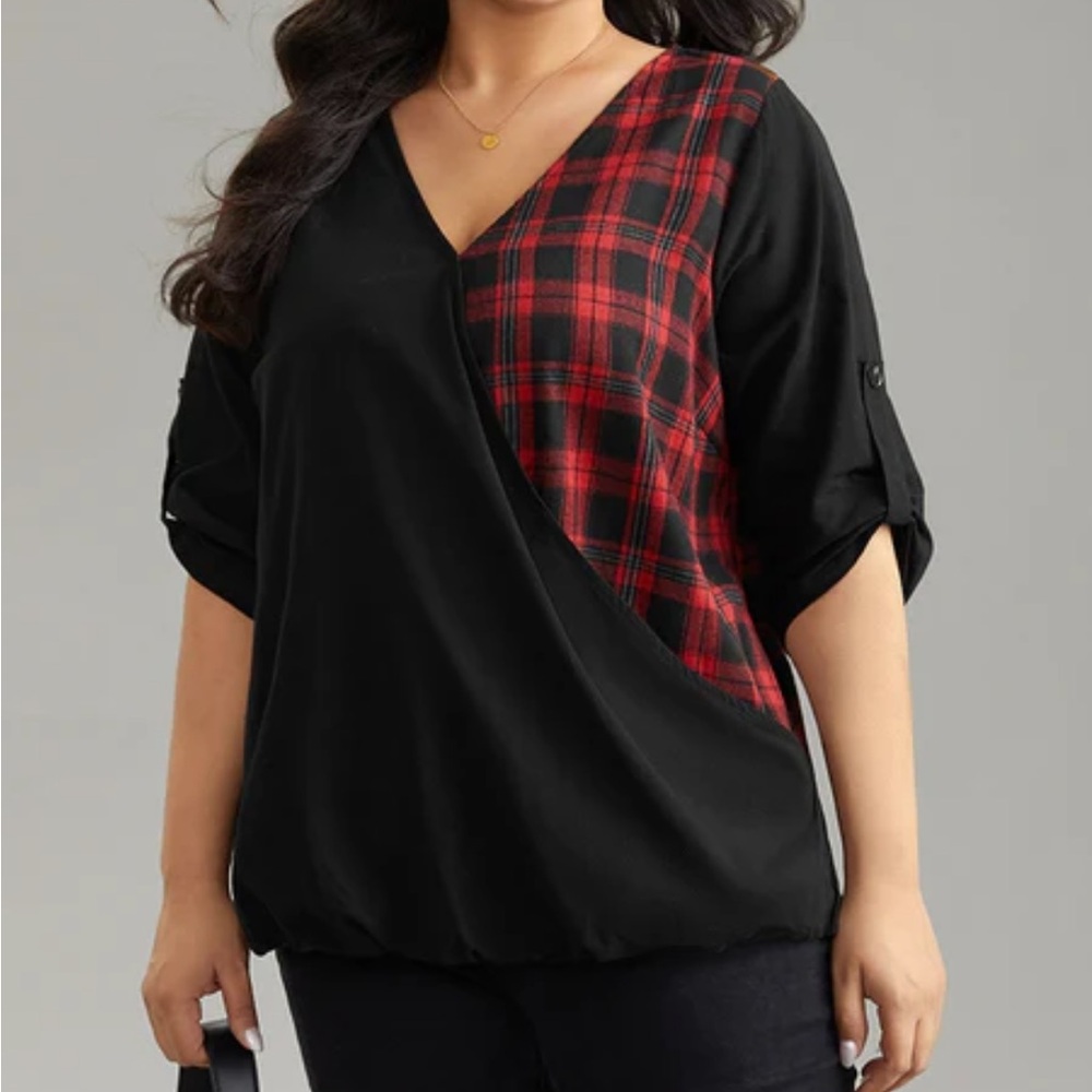 Bloomchic Plaid Patchwork Wrap Tab Sleeve Blouse Plus Size 26